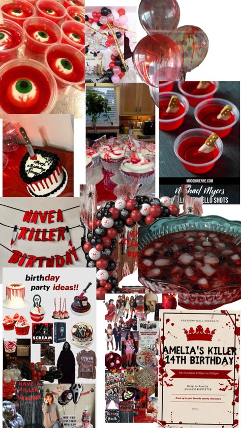 Horror Movie Sleepover Party, Scream Themed Sweet 16, Scream Themed Sleepover, Scary Sweet 16 Party, 18th Birthday Party Ideas Halloween, Spooky 16 Birthday, Horror Themed Food Ideas, Red Halloween Decorations, Scream Themed Movie Night