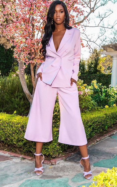 Suits | Women's Suits | Trouser Suit | PrettyLittleThing Pastel Monochrome Outfit, High Waisted Culottes, Shirred Dress, Monochrome Fashion, Trendy Swimwear, Split Dress, Ruffle Hem Dress, Oversized Blazer, Colorblock Dress