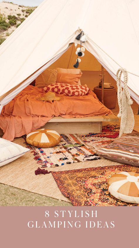 Why camp when you can glamp? Try these glamorous ideas on your next holiday. Zelt Camping Hacks, Simple Rugs, Canvas Tent Camping, Tents Camping Glamping, Real Living Magazine, Wedding Rug, Tent Ideas, Zelt Camping, Rental Ideas