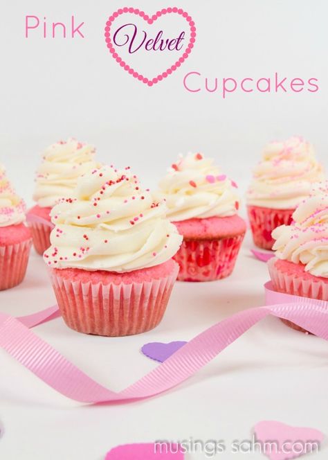 Pink Velvet Cupcakes recipe Easy Pink Cupcake Ideas, Pink Velvet Cupcakes Recipe, Vanilla Cupcakes Pink Frosting, Pink Frosted Cupcakes, Chocolate Pink Cupcakes, Rootbeer Float Cupcakes, Pink Velvet Cupcakes, Gluten Free Valentines, Valentines Day Food