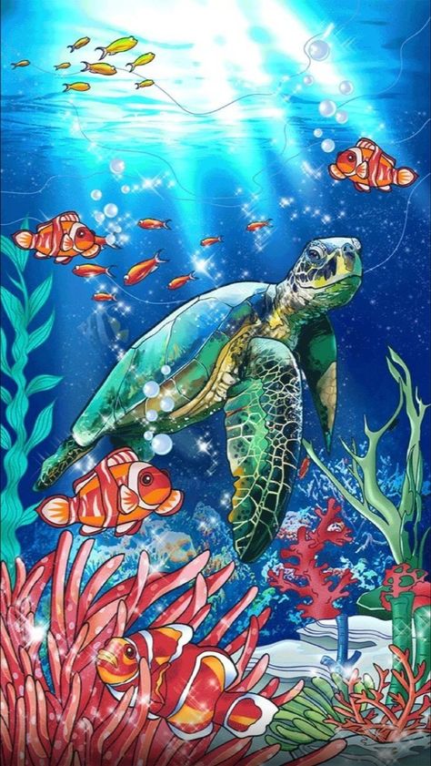 Underwater Art Drawing, Ocean Fish Painting, Sea Turtle Art Painting, Under Water Ocean Life Drawings, Sea Creatures Painting, Ocean Life Drawings, Sea Creature Painting, Underwater Animals Painting, Sea Life Art Underwater