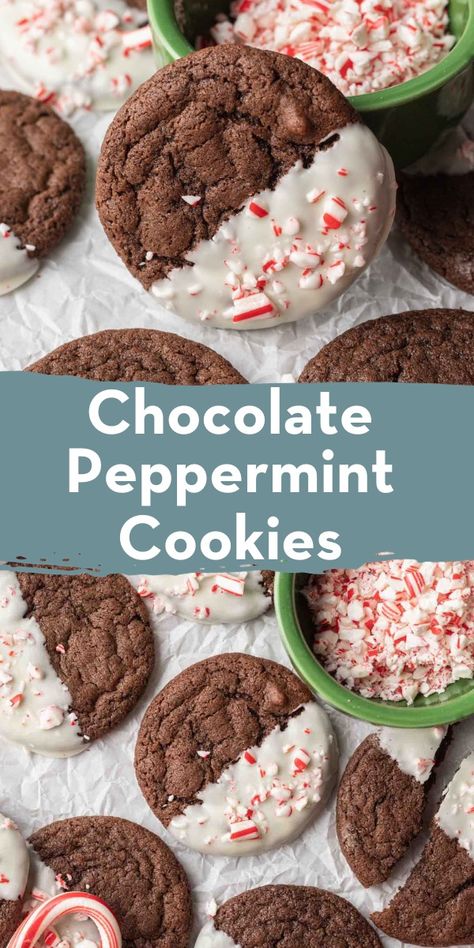 Soft and chewy chocolate peppermint cookies are dipped in white chocolate and sprinkled with crushed candy canes for an extra festive presentation. The cookie dough is also flavored with peppermint extract for twice the peppermint flavor! Chocolate Peppermint Cookies Christmas, Holiday Cookies Peppermint, Chocolate Dipped Peppermint Cookies, Cookie Recipes Peppermint, Christmas Cookies Peppermint Chocolate, Candycane Peppermint Cookies, Holiday Dessert Drinks, Peppermint Christmas Cookies, Winter Dessert Recipes