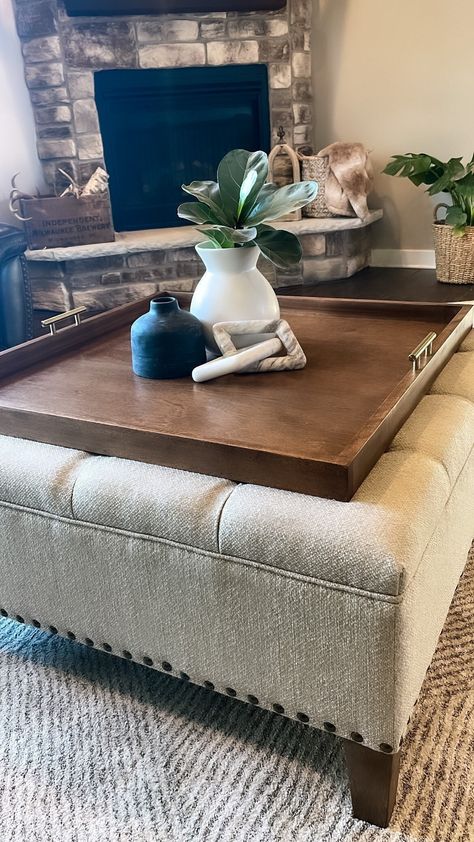 Oversized Coffee Table Tray, Tray On Ottoman Decor, Ottoman Tray Table, Ottoman Table Tray, Large Coffee Table Styling Square, Ottoman Tray Decor Ideas Living Room, Square Coffee Table Tray, Ottoman Decor Living Room, Ottoman Tray Decor Ideas