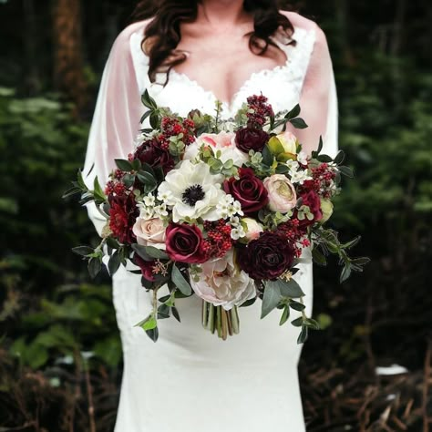 B9 Faux Silk Boho White Ivory Blush Burgundy Dark Deep Red Flower Greenery Wedding Bridal Bouquet Rustic Farmhouse Anemones Berries - Etsy Red And Green Bridal Bouquet, Rustic Red Bouquet, Wedding Bouquets Anemone, White Burgundy Bouquet, Burgundy Wedding Flowers Bridal Bouquets, Burgundy Wedding Bouquet, Burgundy Bridal Bouquet, Red Flower Arrangements, Christmas Wedding Flowers