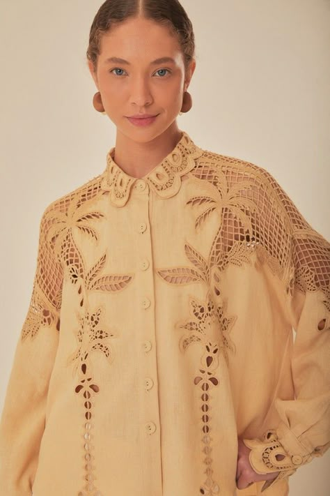 Palm Embroidery, Brazilian Clothes, Western Tops, Belt Style, Farm Rio, Cut Work, Our Planet, Linen Shirt, Clothing Brand