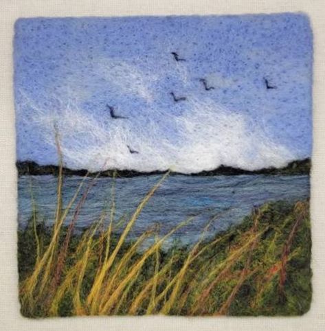 Dry Felting Pictures, Felting Pictures Ideas, Needle Felted Beach Scene, Landscape Felting, Wool Felt Landscapes, Needle Felt Seascape, Needle Felted Wool Landscapes, Wet Felting Tutorial, Grey Artwork