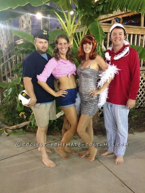 This Gilligan's Island costume was hands down our most popular group costume.  I don't know if it's because the older generation who plays volleyball reall Gilligan And Mary Ann Costume, Love Boat Costume Ideas, Goonies Family Halloween Costume, Mrs Howell Costume Gilligans Island, Giligans Island Costumes, Gilligans Island Costume, Maryann Gilligan's Island Costume, Gilligan’s Island Costumes, Bride Of Frankenstein Costume