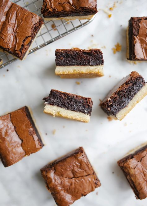 Brownie Shortbread Bars - Wood & Spoon Shortbread Brownies Recipes, Brownies With Shortbread Crust, Brownie Shortbread Bars, Shortbread Crust Bars, Shortbread Brownie Bars, Poptart Shortbread, Shortbread Brownies, Shortbread Bars Recipes, Brownie Bars