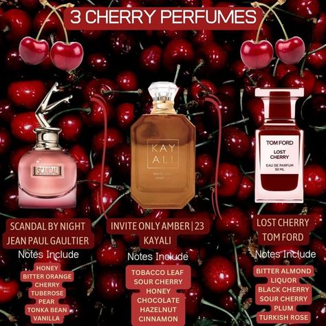 Cherry And Vanilla Perfume, Perfumes That Smell Like Cherry, Cherry Smelling Perfumes, Yoko Ogawa, Cherry Almond Perfume, Chocolate Perfume, Cherry Fragrance, Diy Perfumes, Tom Ford Perfume