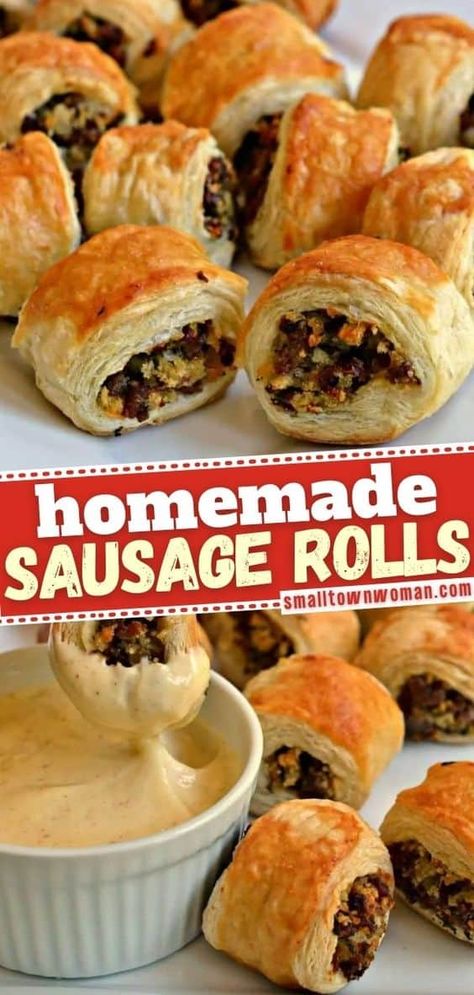 Pastry Dough Appetizers, Gameday Food Ideas, Homemade Honey Mustard Sauce, Sausage Pinwheels, Sausage Puffs, Ground Sausage Recipes, Gameday Food, Homemade Sausage Rolls, Sausage Rolls Recipe