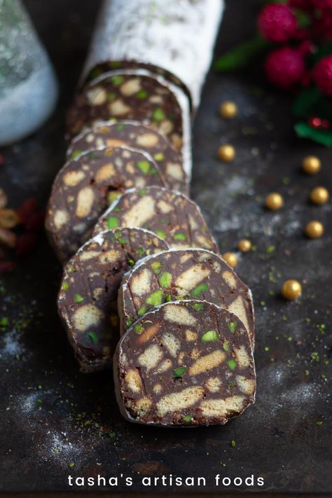 chocolate salami Chocolate Salami Cookies, Chocolate Salami Recipe Christmas, Salami Cookies, Biscuit Salami, Arabic Pastries, Chocolate Sausage, Chocolate Salami Recipe, Diwali Mithai, Salami Rolls