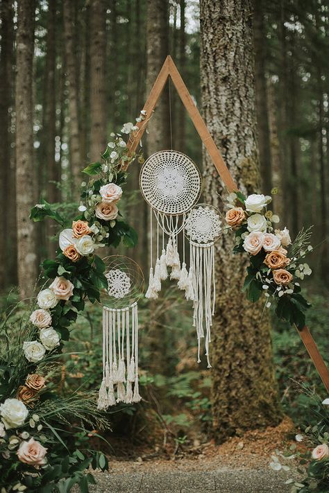 Free Spirited Copper and Jade Washington Forest Wedding at Gold Mountain Golf Club Indian Forest, Wedding Ideas Decoration, Boho Wedding Arch, Wedding Aisles, Gold Mountain, Mehendi Ceremony, Macrame Wedding, Wedding Ceremony Backdrop, Boho Wedding Decorations