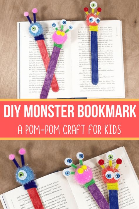 This DIY monster bookmark craft uses popsicle sticks and pom poms to make adorable monster puppets that double as bookmarks. #bookmarkcraft #kidscrafts #kidsactivities #bookmarksforkids #dollarstorecraft #monsterpuppet #viewsfromastepstool Librarian Craft Preschool, Things To Use As Bookmarks, Kids Diy Bookmarks, Preschool Bookmark Crafts, Diy Kids Bookmarks, Diy Bookmarks For Kids, Craft Stick Bookmarks, Book Mark Craft, Library Crafts For Kids