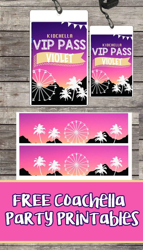 FREE Coachella Birthday Party Printable Files | Banner | VIP Passes | Invitations | Wrist Bands | Tags | Water Bottle Labels | Festival Coachella Invitation Template, Festival Themed Party Birthday, Kidchella Party Ideas, Coachella Inspired Party, Coachella Birthday Party, Coachella Party Theme, Coachella Party Ideas, Festival Garden Party, Coachella Theme Party