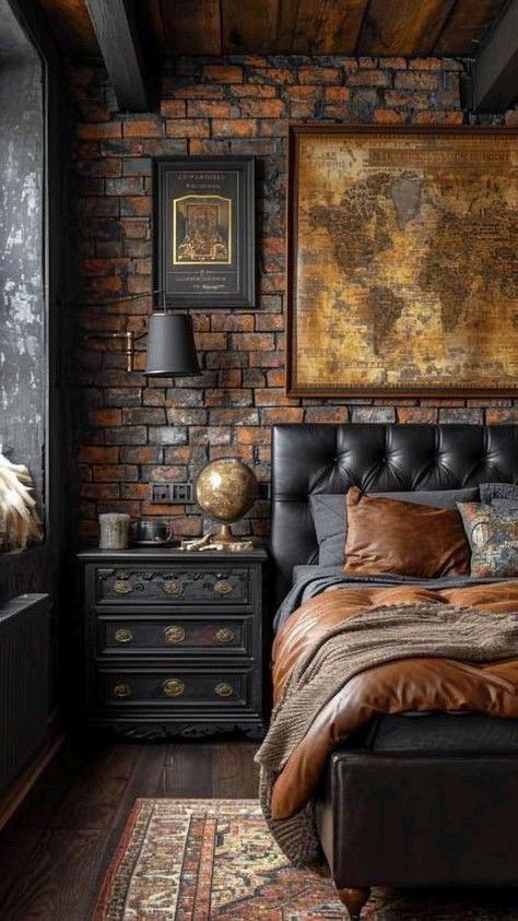 Industrial Style Bedroom, Mens Bedroom, Brick Walls, Bedroom Vintage, The Brick, Rustic Bedroom, Cozy Bedroom, Dream Home Design, Brick Wall