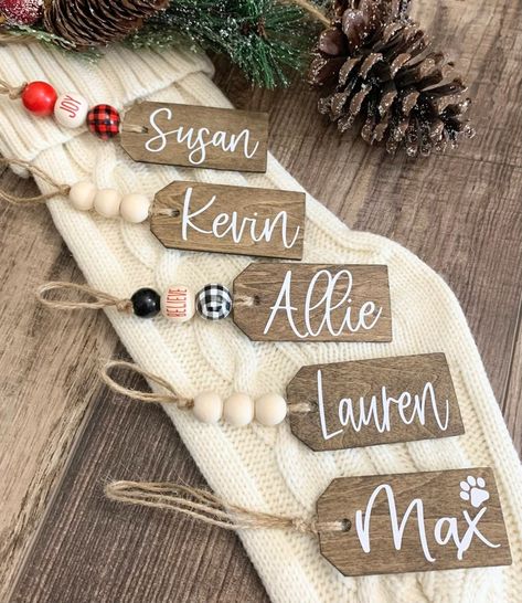 Stocking Name Tags Beaded Wooden Custom Personalized - Etsy Tag Ornaments, Christmas Name Tags, Personalized Stocking, Stocking Tags, Diy Stockings, Jr High, Farmhouse Ornaments, Custom Stocking, Christmas Names