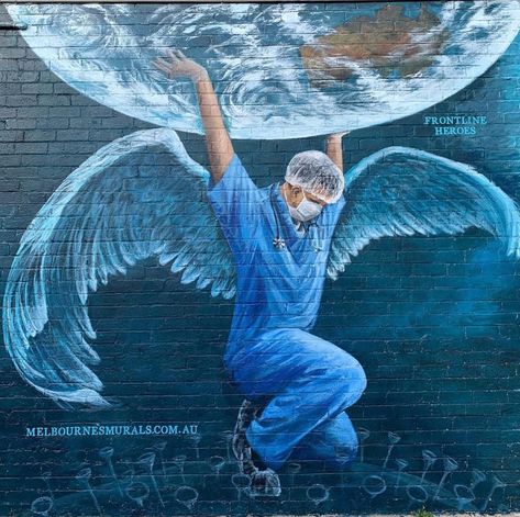 A beautiful mural by @melbournesmurals to honor our front line heroes! Any healthcare workers* feel free to DM us for a FREE On-Demand session with any Creativity Kit purchase! We would love to give you a chance to relax and express your creativity in these uncertain times! 🎨🍷👨🏼‍⚕️👩🏻‍⚕️ *Proof of profession required. - 🍷 BYO Wine & Nibbles 🍇🧀 🖼 Creativity Kits Available from $65 ▶️ Instant access Worldwide to On-Demand sessions 🎥 LIVE stream sessions via Zoom 👨🏻‍💼 Private LIVE stre Doctor Painting Art, Healthcare Artwork, Angel Illustration, Medical Wallpaper, Nurse Art, Healthcare Workers, Ayat Alkitab, Medical Art, Hur Man Målar