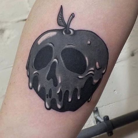 Snow White Poison Apple Tattoo, Snow White Apple Tattoo, Apple Tattoos, Sleeping Beauty Tattoo, Dark Disney Tattoo, Apple Tattoo, Poisoned Apple, Poison Apple, Spooky Tattoos