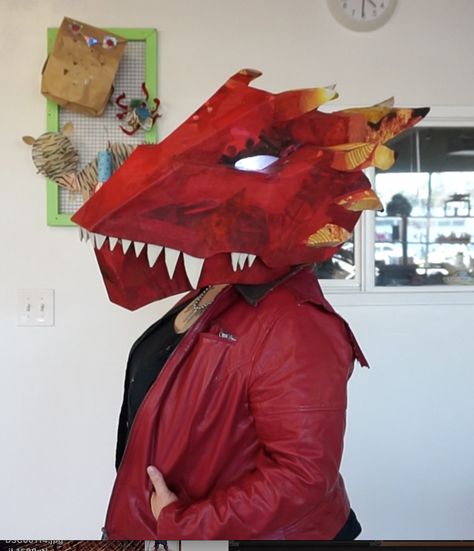 Dragon Head Costume, Cardboard Dragon Head, Dragon Head Mask, Diy Dragon, Halloween Challenge, Battery Powered Fairy Lights, Soda Can Tabs, Brass Fasteners, Clever Halloween