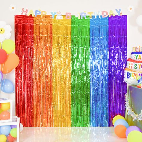 Holiday Photo Booth Props, Holiday Photo Booth, Fringe Curtains, Backdrop For Birthday, Rainbow Party Decorations, Streamer Backdrop, Foil Curtain, Party Streamers, Fringe Backdrops