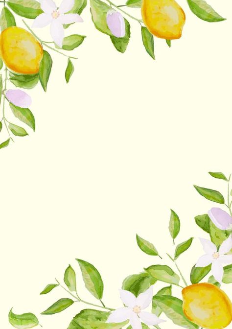 Card template, frame of watercolor hand drawn blooming lemon tree branches, flowers and lemons on white background. Template for greeting, birthday cards, posters with text place. Vector EPS10 Flowers Template, Template Frame, 21 Diner, Background Template, Bridal Shower Signs, Lemon Tree, Tree Drawing, Window Art, Tree Painting