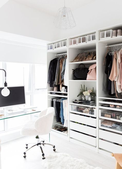 Dressing Room and Office Combination Cloffice Ideas, Walking Closet, Open Wardrobe, Closet Office, Smart Tiles, Wardrobe Organisation, Open Closet, Closet Room, Dream Closets