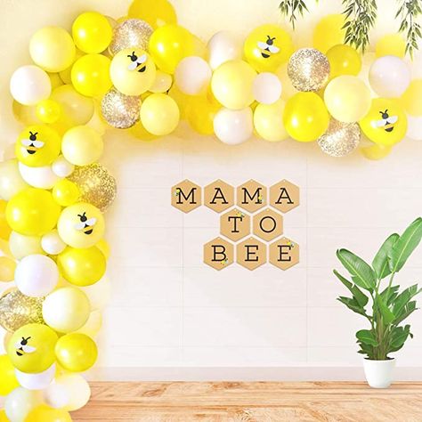 Mama To Bee, Bee Baby Shower Decoration, Honey Bee Baby Shower, Bee Baby Shower Theme, Bumble Bee Baby Shower, Yellow Balloons, Spring Baby Shower, Garland Arch, Bee Baby