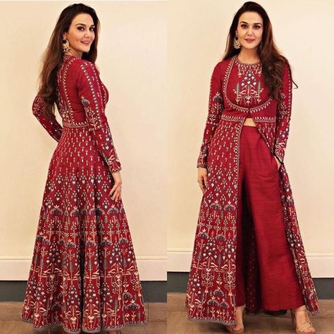 Preity Zinta is a vision in this red embroidered ensemble by Anita Dongre 💯♥️✨ #PreityZinta #AnitaDongre #Fashion #Lifestyle #Magazine… Saree Bride, Kurti With Pants, Edit On Instagram, Preity Zinta, Indian Designer Suits, Anita Dongre, Glamour Style, Red Lehenga, Raise Your Hand If