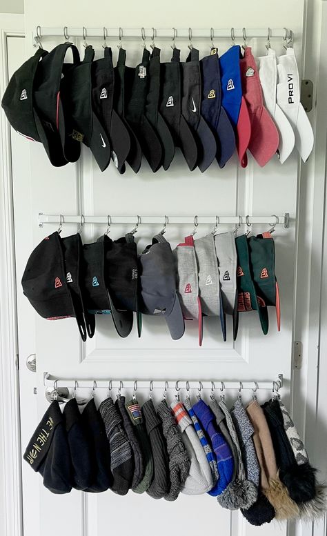 HANGING HAT STORAGE — Making It With Danielle Hang Ball Hats, Hanger Organizers, Hang Hats, Cute Hat Storage Ideas, Closet Hat Storage, Trucker Hat Storage Ideas, Hat Storage Wall, Kids Hat Storage, Beanie Storage