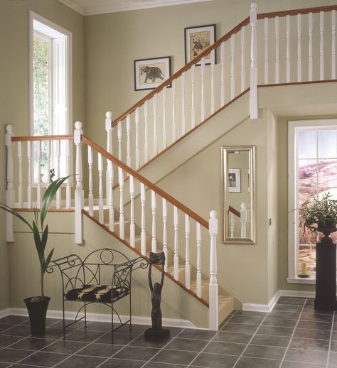 White Banister, Staircase Spindles, Oak Handrail, Stair Renovation, White Staircase, Stair Spindles, Painted Staircases, Stair Banister, White Stairs