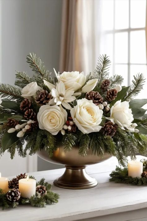 Bring natural elegance to your holiday decor with stunning winter floral displays. Explore combinations of flowers, greenery, and seasonal elements for sophisticated arrangements. Neutral Christmas Floral Arrangement, Winter Flowers Arrangements, Christmas Floral Ideas, Christmas Fake Flower Arrangements, Elegant Christmas Floral Arrangements, December Floral Arrangements, Winter Arrangements Floral Design, Christmas Decor Ideas Green, Winter Floral Arrangements Home