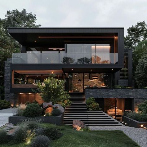 Modern Glass House Architecture, Dark Wood Modern House, Dark House Modern, Luxury Dark House, Modern 3 Story House, Dark Modern House Exterior, Glass Homes, Dark Home Exterior, Black Modern House