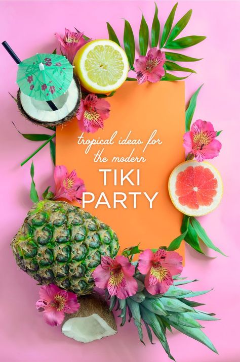 Tropical Party Ideas For Adults, Tiki Themed Bachelorette Party, Tropical Adult Birthday Party, Tiki Birthday Party For Adults, Modern Hawaiian Party, Modern Luau Party, Luau 40th Birthday Party Ideas, Elegant Luau Party Ideas, Tropical Tea Party