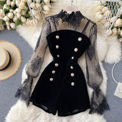 831c2f88a604a07ca94314b56a4921b8desc51349333ri Grunge Summer Outfits, Long Sleeve Shrug, Gothic Lace, Black Color Palette, Velvet Romper, Wide Leg Jumpsuit, Bold Fashion, Two Piece Outfit, Preppy Style