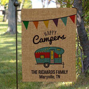 Personalized Happy Camper Burlap Garden Flag | Personalized Housewarming Gifts Burlap Garden Flags, Flower Truck, Porto Rico, Camping Checklist, Camping Supplies, Camping Activities, Camping Gifts, Camping Equipment, Family Camping