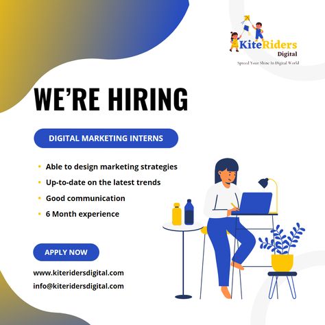 We are hiring a digital marketing interns in our company, KiteRiders Digital Media. At Nashik. Digital Marketing Hiring Poster, Posters Background, Marketing Intern, Hiring Poster, We're Hiring, We Are Hiring, Good Communication, Digital Media, Online Marketing