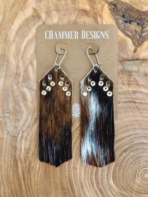 Cowhide Earrings, Diy Western Jewelry, Bling Earrings, Crystal Dangle Earrings, Recycled Jewelry, Fashion Jewelry Earrings, Swarovski Crystal Earrings, Homemade Jewelry, Bead Leather