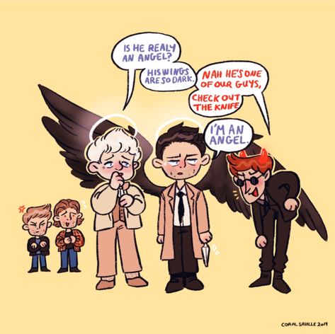 Spn Good Omens, Supernatural And Good Omens, Good Omens X Supernatural, Good Omens Crossover, Castiel And Crowley, Supernatural Crossover, Supernatural Aesthetic, Dean Castiel, Supernatural Comic