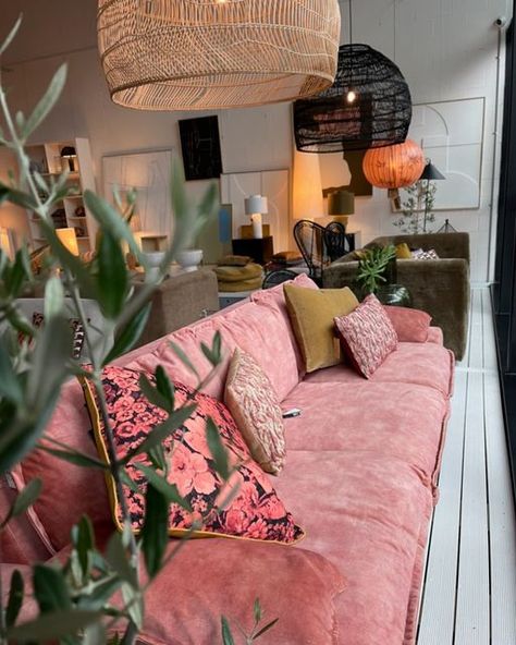 Pink Couch Studio Apartment, Pink Velvet Couch Aesthetic, Pink Velvet Bedroom, Peach Couch Living Room, Pink Couch Cover, Pink Orange Interior, Dark Pink Sofa, Pink Couch Aesthetic, Pink Couch Living Room Ideas