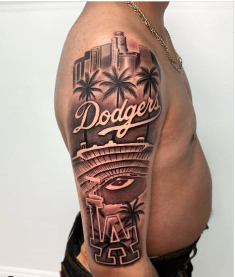 Dodgers Los Angeles Tattoo La City Tattoo, Downtown La Tattoo, Baseball Tattoo Design, Los Angeles Back Tattoo, Dodger Tattoo, Dodger Tattoos For Women, La Skyline Tattoo, Dodgers Tattoo, Los Angeles Inspired Tattoos