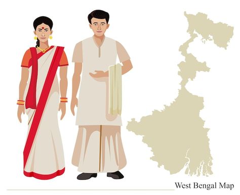 Bengali couple in traditional dress with... | Premium Vector #Freepik #vector #adult #couple-home #man-woman #asian-couple West Bengal Traditional Dress, West Bengal Map, Bengali Couple, Asian Couple, Dress Illustration, Indian People, States Of India, White Saree, Sketches Dresses