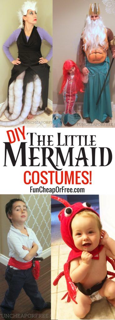 Cutest DIY Little Mermaid costumes EVER! Cute Family Costumes, Little Mermaid Family Costume, Diy Little Mermaid Costume, Ursula Costume Diy, King Triton Costume, Flounder Costume, Ariel Ursula, Family Costumes Diy, Disney Costumes Diy