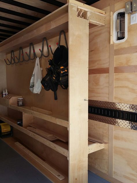 Trailer Shelf Ideas, Jobsite Trailer, Landscaping Trailer, Trailer Shelving, Work Truck Organization, Work Truck Storage, Electrical Business, Tool Trailer, Van Organization