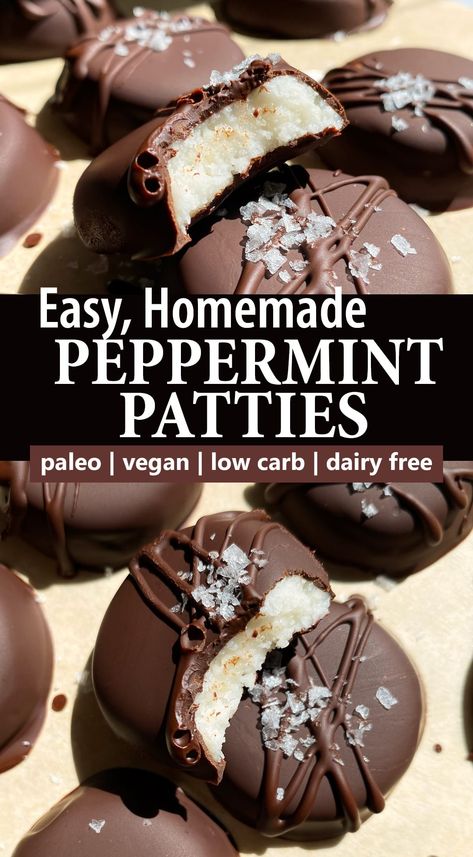 These homemade peppermint patties have a creamy mint and coconut filling that's coated in dark chocolate. These healthy peppermint patties are made without corn syrup and are paleo, vegan and keto friendly. Keto Peppermint Patties, Vegan Peppermint Patties, Peppermint Patties Recipe Easy, Healthy Peppermint Desserts, York Peppermint Patty Recipes, Coconut Patties Recipe, Coconut Patties, Healthy Peppermint Patties, Peppermint Patties Recipe