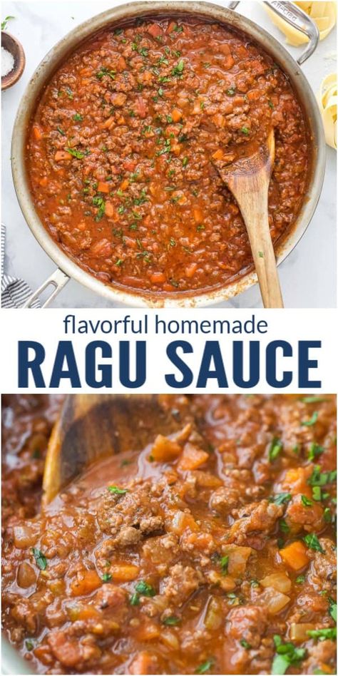 Ragu is by far one of the most flavorful sauces that you can put on pasta. Some take hours, but this Simple Ragu Sauce is ready in under 60 minutes! It has all of the traditional flavors you want from an Italian sauce - hearty beef, salty pork, rich tomato, herbs, umaimi flavor and toasted garlic. #pastasauce #ragu #ragurecipe #ragusauce #dinnerideas #beef recieps Tomato Ragu Sauce, Red Wine Ragu, Ragu Meat Sauce Recipe, Ragu Spaghetti Recipes, Traditional Ragu Recipes, Pork Ragu Pasta, Best Ragu Sauce Recipe, Copycat Ragu Spaghetti Sauce, Beef Ragout Pasta