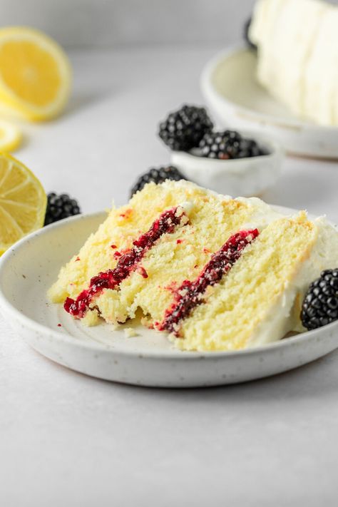 Lemon Blackberry Cake - Ginger Snaps Baking Affairs Lemon Blackberry Cake, Homemade Blackberry Jam, Measuring Flour, Spring Recipes Dessert, Creaming Method, Moist Lemon Cake, Blackberry Cake, Lemon Cream Cheese Frosting, Lemon Cream Cheese