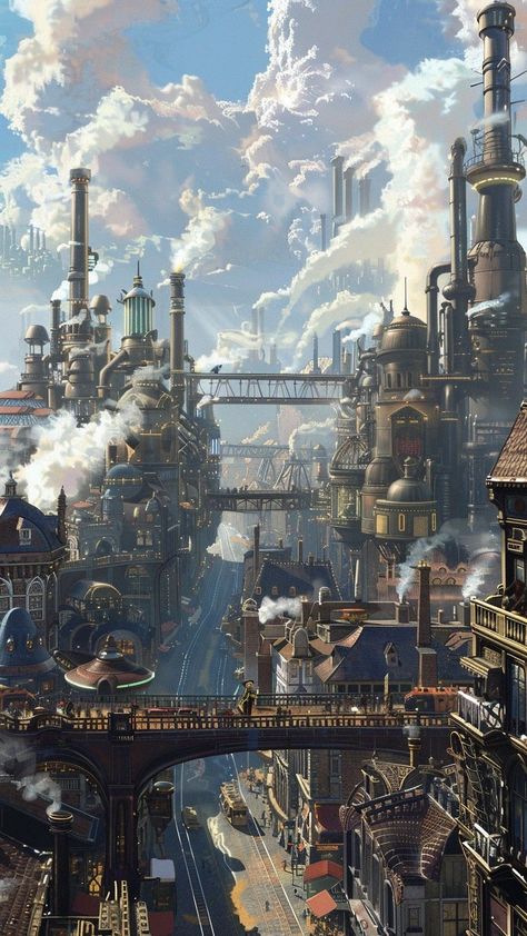 Steampunk Landscape Art, High Fantasy City Concept Art, Modern Steampunk Aesthetic, Fantasy Landscape City, Steampunk Town Concept Art, Cyberpunk World Aesthetic, Victorian City Concept Art, Fantasy World Landscapes Cities, Steam Punk Background