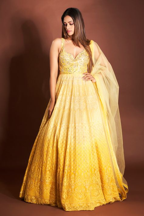 SUNSHINE YELLOW OMBRÉ CHIKAN GOWN SET WITH AN EMBROIDERED BODICE PAIRED WITH A MATCHING DUPATTA AND SILVER EMBELLISHMENTS. - Seasons India Yellow Gown, Gold Gown, Yellow Ombre, Kids Blouse, Miss India, Indian Bridal Dress, Embroidered Bodice, Indian Bridal Wear, Sunshine Yellow