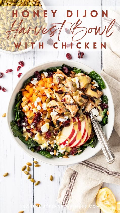 Honey Dijon Harvest Bowl - Peanut Butter and Fitness Chicken Farro, Dijon Mustard Chicken, Honey Dijon Chicken, Harvest Bowl, Fall Meal, Cranberry Chicken, Dijon Chicken, Healthy Bowls Recipes, Apple Chicken