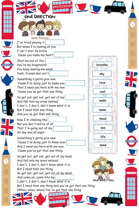 Song Lyrics Worksheet, One Thing One Direction, Teaching Suffixes, Song Worksheet, 6th Grade English, Listening English, English Music, Teach English To Kids, Reading Comprehension For Kids